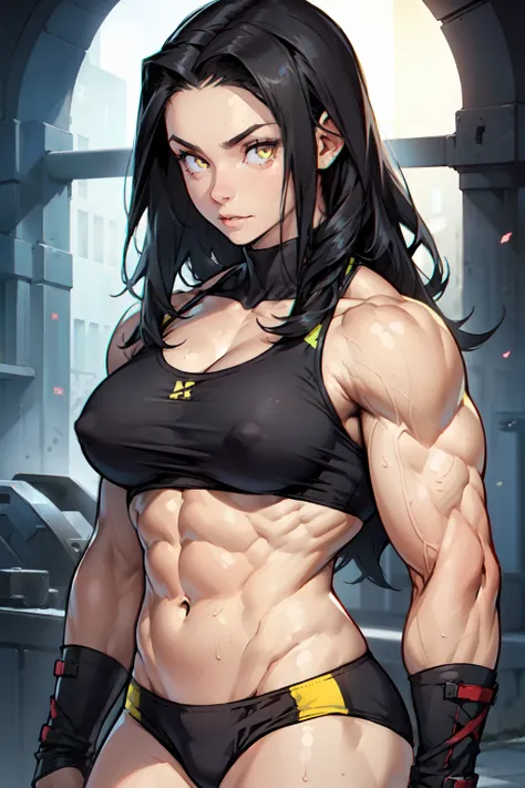 ((((((muscular 1 girl)))))), huge breasts, toned body, black hair, pale skin, yellow eyes, very long hair,