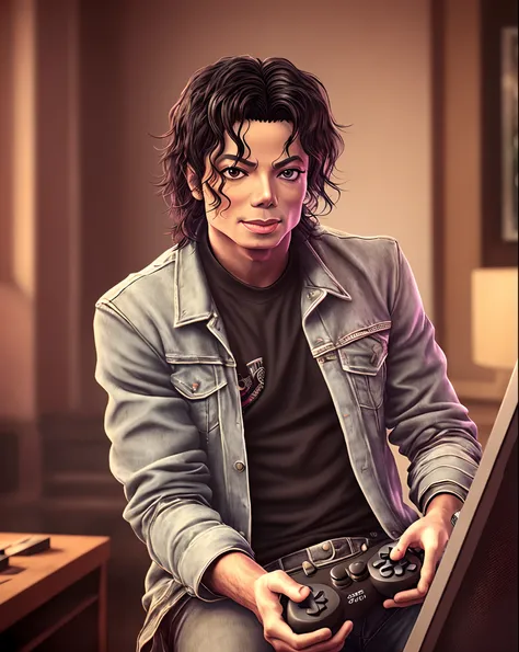 Michael Jackson playing video games, cinematic photographic style, UHD,   - --auto --s2