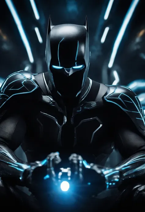 Tron Combined with Batman, tron legacy, battle pose, crystal clear image, intricate details, close up, battle scars, black and amber themed, simulation world, black and blue amber