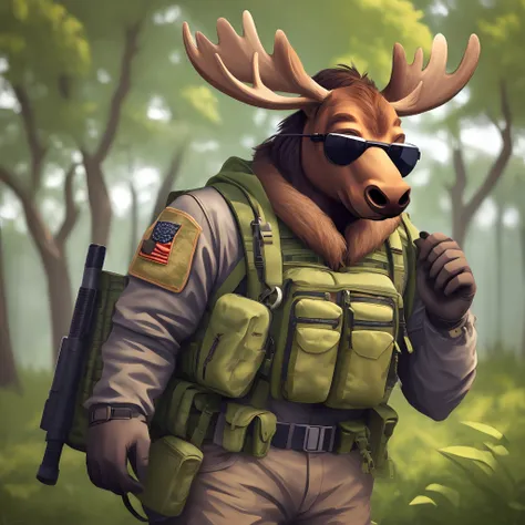 A humanoid moose wearing tactical gear and aviator shades