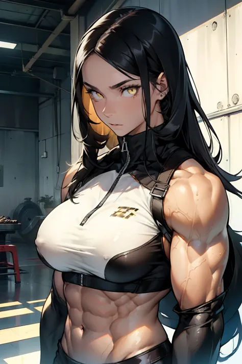 ((((((muscular 1 girl)))))), huge breasts, toned body, black hair, pale skin, yellow eyes, very long hair,