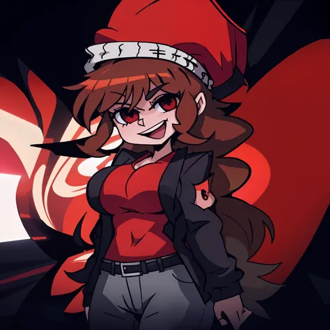 HypnoLullabyGF, 1girl, hat, solo, brown hair, jacket, red headwear, pants, smile, red shirt, black eyes, open mouth, black jacket, large breasts, very long hair , looking at viewer