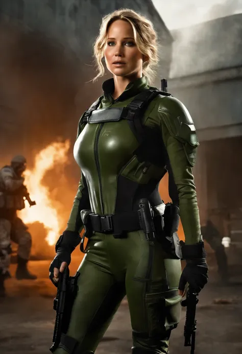 Jennifer Lawrence in special force suit, natural breast, high resolution, realistic art, fighting zombies, 1 mature female, 1 milf, solo, in roof top, green blood splatter, serious face, mouth closed ray tracing, perfect lighting, perfect detail,nude