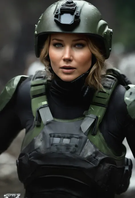 Jennifer Lawrence in special force suit, natural breast, high resolution, realistic art, fighting zombies, 1 mature female, 1 milf, solo, in roof top, green blood splatter, serious face, mouth closed ray tracing, perfect lighting, perfect detail,nude