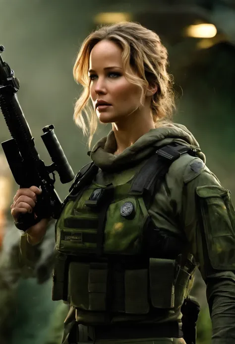 Jennifer Lawrence in special force suit, natural breast, high resolution, realistic art, fighting zombies, 1 mature female, 1 milf, solo, in roof top, green blood splatter, serious face, mouth closed ray tracing, perfect lighting, perfect detail,nude