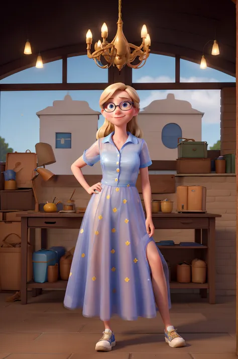 masterpiece, best quality, Disney Pixar blond young woman with glasses on, wearing transparent blue long dress and blue sneakers