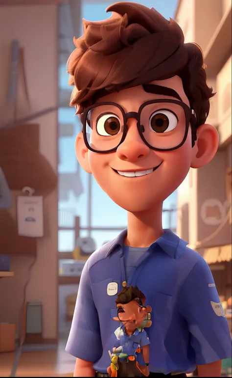 Um menino de 3 anos com camisa polo, corpo inteiro, Brown skin, wearing round glasses, short hair, Looking at the Viewer, sorridente, cena da loja, Fundo desfocado, profundidade de campo, circunstanciado, Cartoon, Motor irreal, 8k, Estilo Disney Pixar