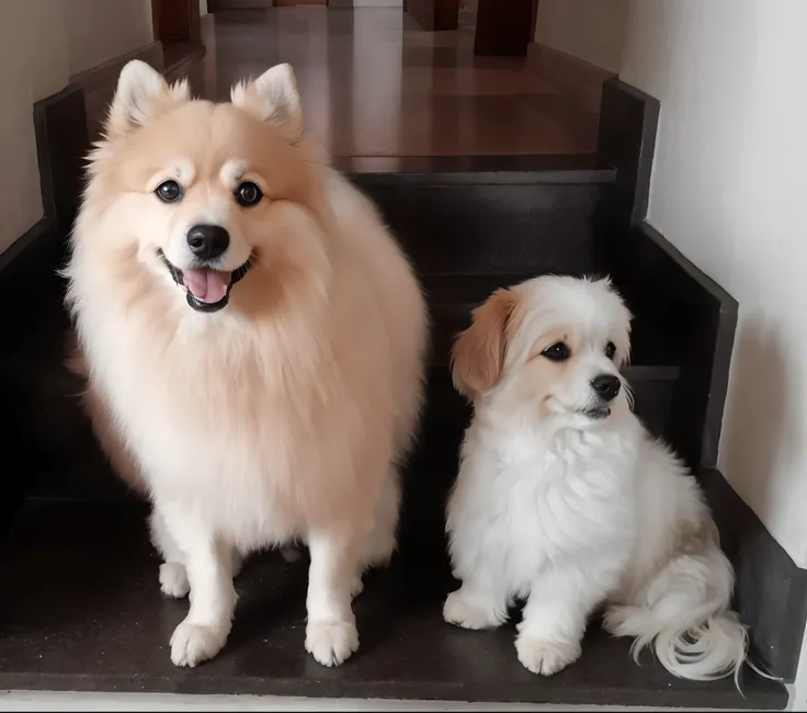 Two dogs are sitting on the steps of a house, Two dogs, Mistura Pomeriana, Pomeranian, both smiling for the camera, dogs, Scandy e Arender, Ayanamikodon e Irakli Nadar, 📷 Mungojerrie e Rumpleteazer, dois homens bonitos, Petros e Leonid, masculino e feminin...