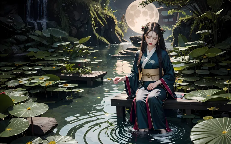 Dark green Hanfu, a woman, cool, fair skin, sea of flowers, pond, petals floating on the water, lily, clavicle, eyes closed, half submerged in water, dark background, moonlight, hairpin, jade pendant, Hanfu, exquisite face, hair accessories, red lips, skir...