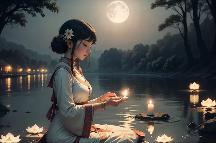 Full moon when the sky is by the river, A woman in period costume lights a candle lotus, Slowly put it into the river, Close your eyes and pray, A high resolution, hyper HD