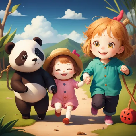 O Panda Curioso, the Smiling Wind-Rope Bear and the Bouncing Doll are holding hands, olhando uns aos outros com tristeza nos olhos, Cause its time to say goodbye to the Land of Lost Toys. childrens book illustration style