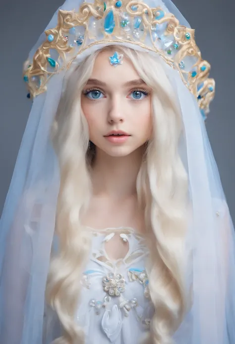 Une fille de 18 ans, Straight hair very long blonde, yeux bleu claire, robe blanche, looks like a ghost, porte une couronne.