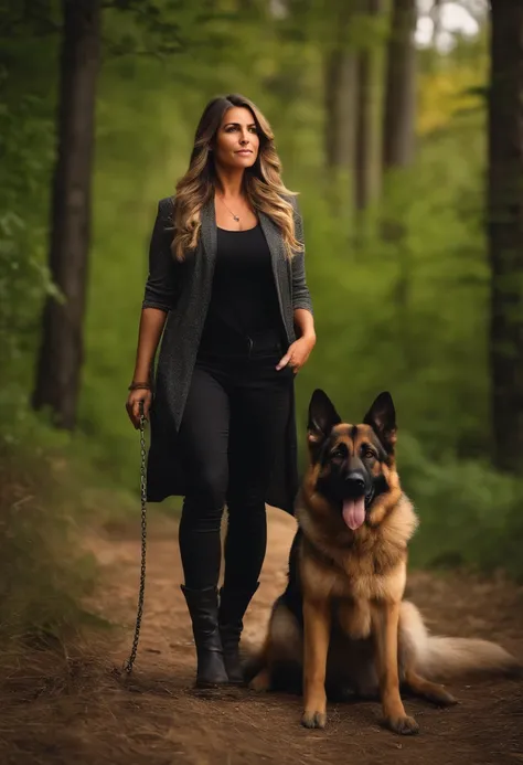 Fotorrealista de uma mulher agricultora, 35 anos, cabelos curtos, castanhos escuros, With a German Shepherd by your side