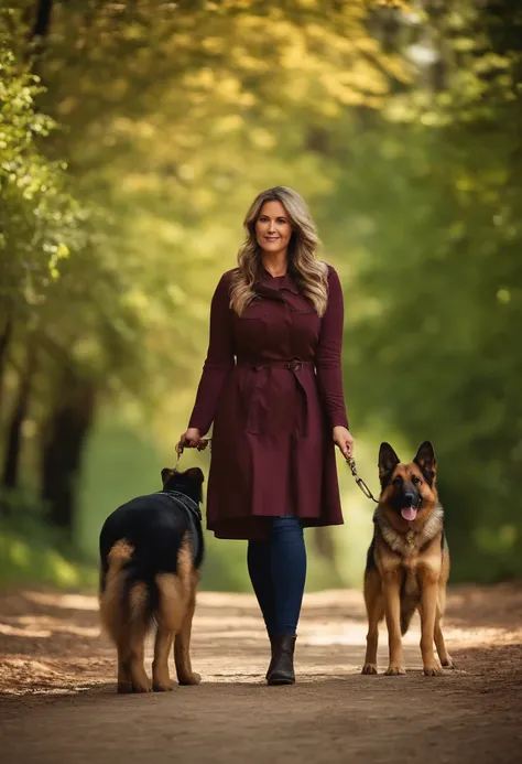 Fotorrealista de uma mulher agricultora, 35 anos, cabelos curtos, castanhos escuros, With a German Shepherd by your side