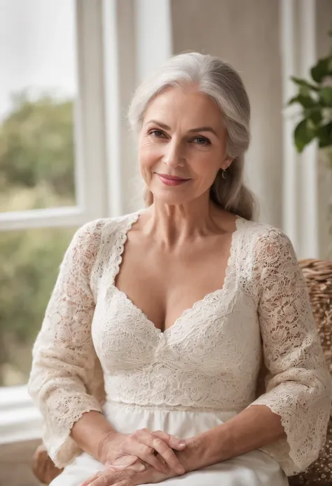 (((Im doing a photo shoot))) Mulheres em torno de 60 anos de idade, cabelos brancos naturais, esguio e elegante, Beautiful, Ultra sharp focus, Imagens realistas, s corpo inteiro, Low angle Create a captivating description of a lady over 60 sitting on the s...