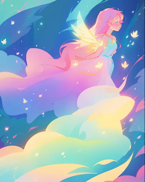 beautiful fairy girl in flowing colorful dress, fairy dress, fairy queen, magical colorful otherworldly landscape, (glowing fairy wings), glowing flowing ballgown, long hair, sparkling fairy wings, watercolor illustration, flowers and colorful plants, insp...