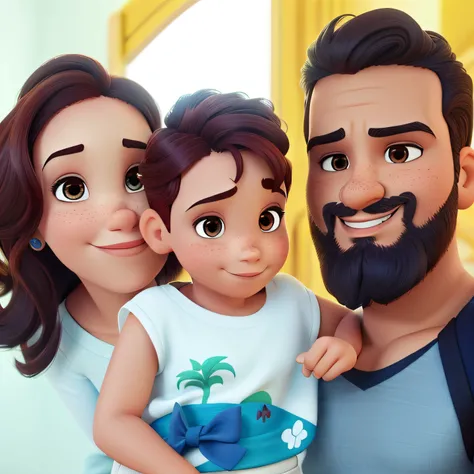 Uma mulher morena, com sobrancelha , um menino de dois anos moreno com cabelo crespo, com sobrancelha, um homem moreno com barba, estilo disney pixar. alta qualidade, melhor qualidade