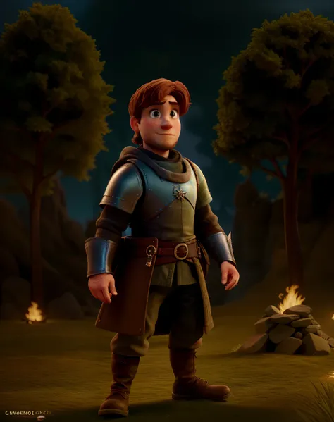 Create an epic Disney pixar movie poster of a Game of thrones character, Um rei guerreiro usando uma coroa, segurando uma espada, usando uma armadura medieval, em Batle Field. Estilo Pixar, Cartoon, cores vibrantes, cinemactic, altamente detalhado, Rosto d...