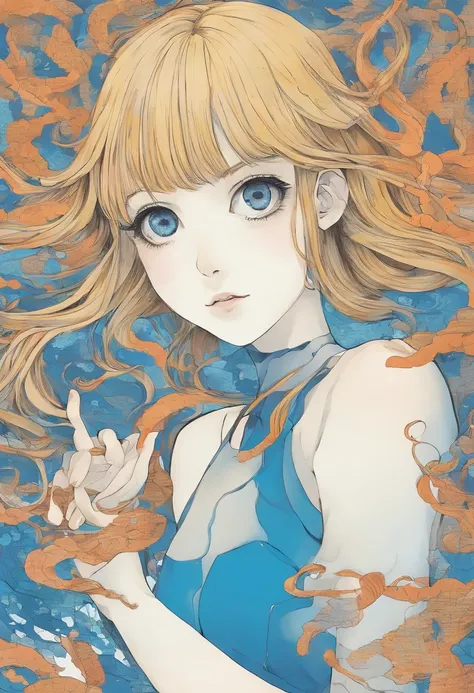 Junji ito style, fille 18 ans, cheveux long raide blond, yeux bleu claire, jolie.