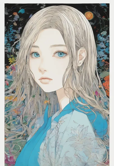 Junji ito style, fille 18 ans, cheveux long raide blond, yeux bleu claire, jolie.