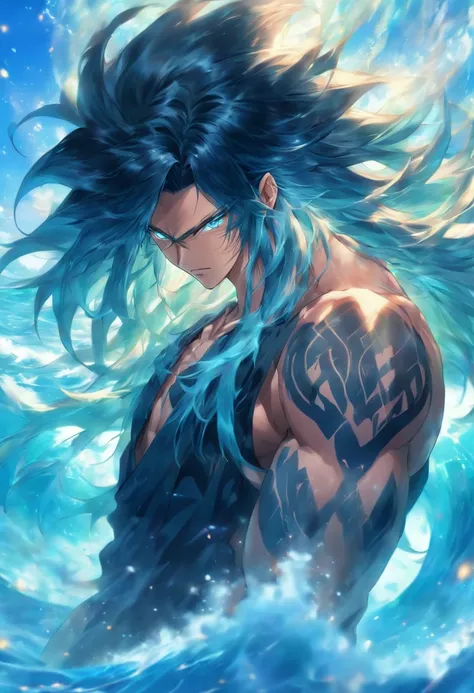 A male with long black hair with blue highlights. Tall. Blue eyes. Pretty male. Ocean background