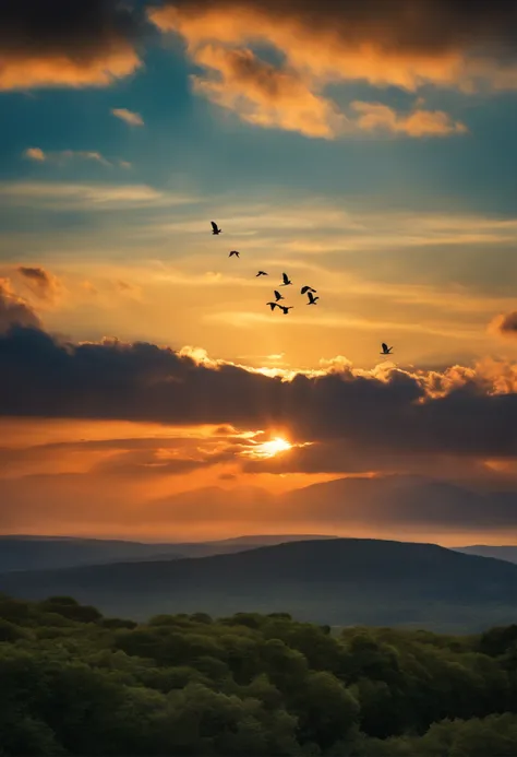 create blue sky with birds flying with sun