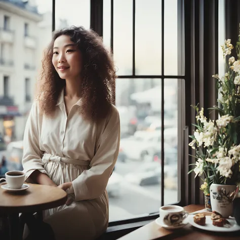 Contax 645 photo, Cinestill 800T film, low saturation, waist -up shot, a chic Bali woman with curly hair style, sitting at a cozy cafe, soft window light, Paris city life, realistic skin texture, film grain, candid moment, film photography.