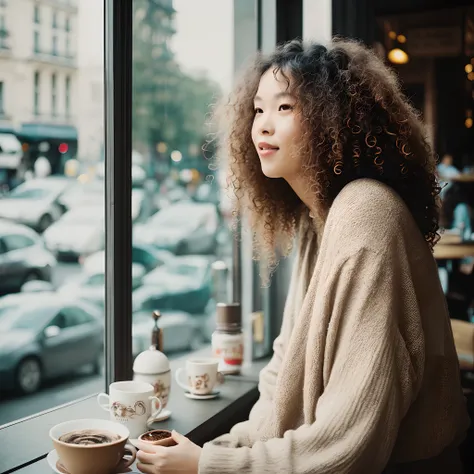 Contax 645 photo, Cinestill 800T film, low saturation, waist -up shot, a chic Bali woman with curly hair style, sitting at a cozy cafe, soft window light, Paris city life, realistic skin texture, film grain, candid moment, film photography.