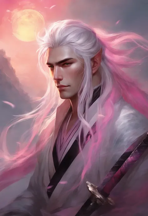 A male with a long ponytail. White hair with black highlights. Pink Coloured eyes. Tall. Pretty Male. Holding Katana [Demon Slayer Style]