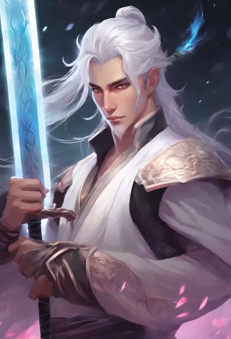 A male with a long ponytail. White hair with black highlights. Pink Coloured eyes. Tall. Pretty Male. Holding Katana [Demon Slayer Style]