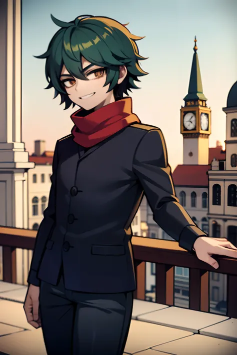 young man, green hair, black sweater, blue pants, in a european city,, red scarf, smiling, clock tower in background, 4k, bob hair cut,