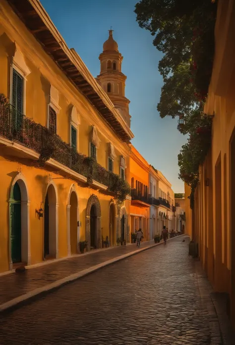 "Capture the Zona Colonial in Santo Domingo, photo hyper-realism, highly detailed, 16k resolution. Medium: digital photography, Style: reminiscent of Steve McCurrys vibrant street scenes, Lighting: golden hour illumination, Colors: warm tones with pops of ...