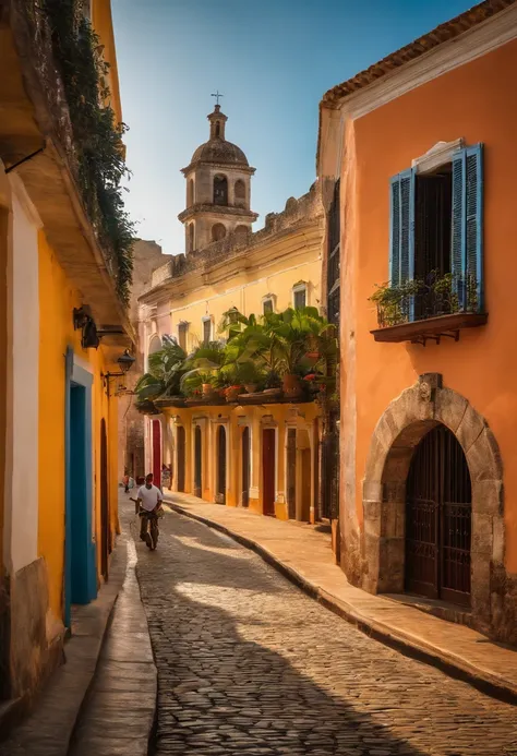 "Capture the Zona Colonial in Santo Domingo, photo hyper-realism, highly detailed, 16k resolution. Medium: digital photography, Style: reminiscent of Steve McCurrys vibrant street scenes, Lighting: golden hour illumination, Colors: warm tones with pops of ...