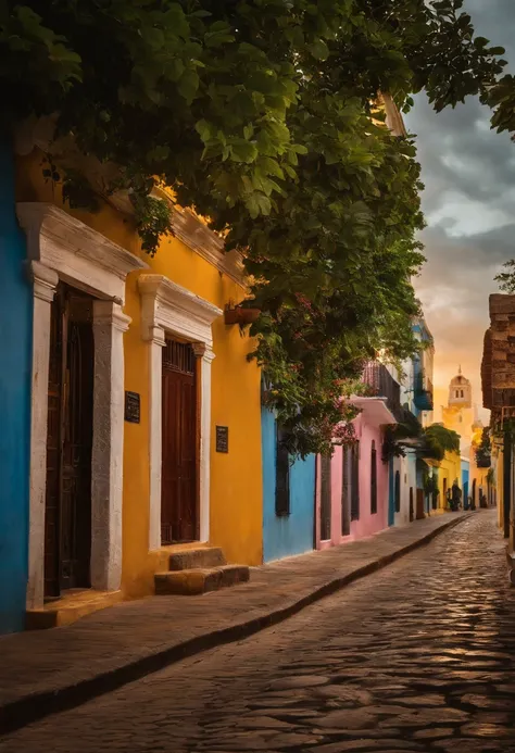 "Capture the Zona Colonial in Santo Domingo, photo hyper-realism, highly detailed, 16k resolution. Medium: digital photography, Style: reminiscent of Steve McCurrys vibrant street scenes, Lighting: golden hour illumination, Colors: warm tones with pops of ...