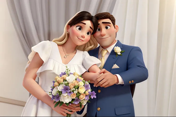 A white woman with blonde hair in a white dress holding a bouquet and a brunette man with black hair with his hand clenched forwardDisney Pixar style, alta qualidade, melhor qualidade