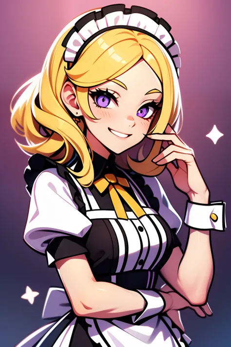 Maid, blonde hair, purple eyes, smiling