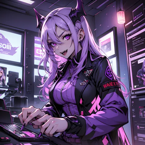 female vampire, white skin, bloody fangs, purple hair, violet eyes, playing a video game. --auto --s2