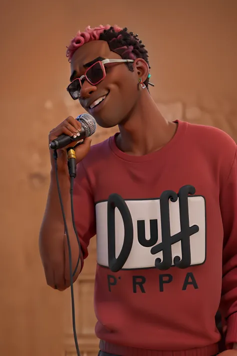 obra-prima, de melhor qualidade,  Teenage black man with pink hair in sunglasses earring singing with microphone in hand