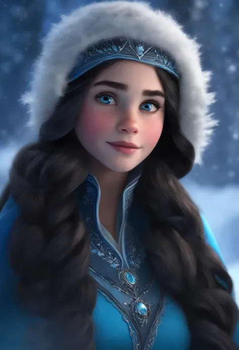 Raising a girl on an ice scene, a Disney character from the movie Frozen, Ana has long black hair and black eyes; Age: 10 years