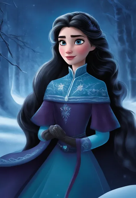 Raising a girl on an ice scene, a Disney character from the movie Frozen, Ana has long black hair and black eyes; Age: 10 years