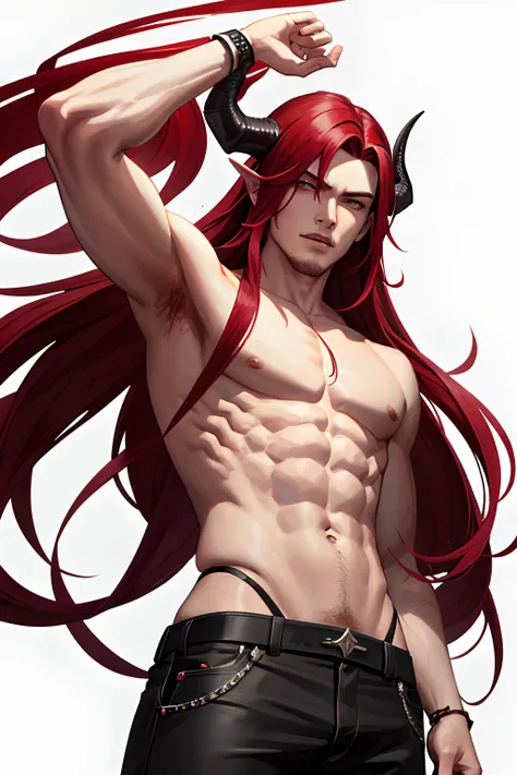 Male with red long detailed hair, shirtless, dragon black eyes, evil incarnation, handsome, having dragon tattoo on arm, wearing casual clothes, horns, ((from below))