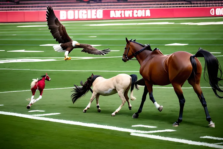 An eagle killing a pony in a football stadium