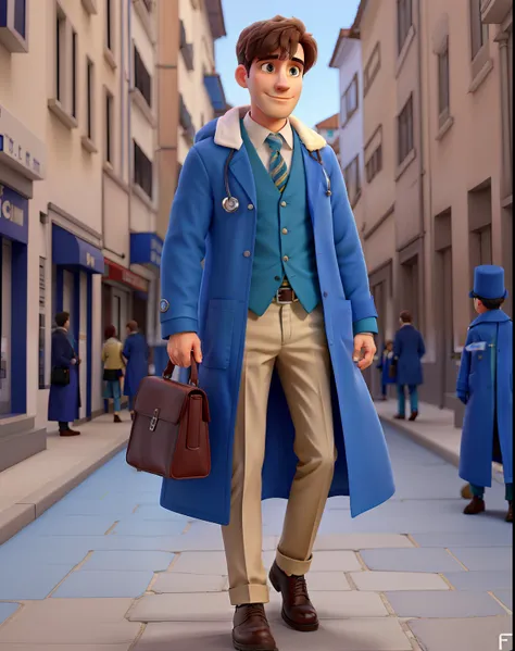 Create a doctor in a blue coat, no bolso escrito dr. Felipe Uhlick