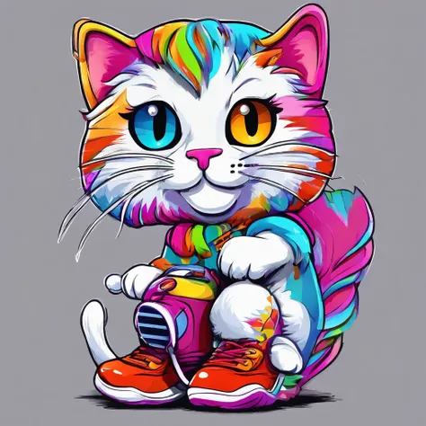 (a cute cat mascot:1.1, long braided hair:1.1, wearing colourful sneakers, holding a microphone, digital art), (best quality:1.2, ultra-detailed, realistic:1.37), vibrant colors, soft lighting