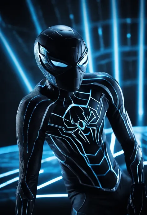 Tron Combined with Spiderman, tron legacy, battle pose, crystal clear image, intricate details, close up, battle scars, black and blue themed, simulation world, glowing web