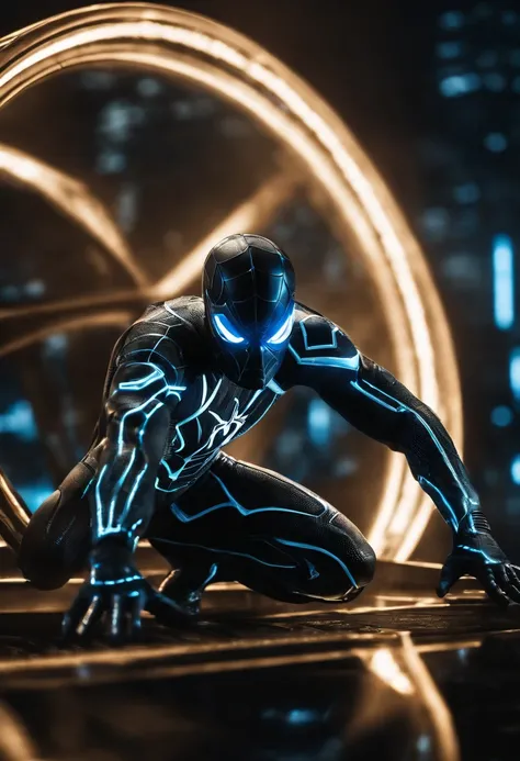 Tron Combined with Spiderman, tron legacy, battle pose, crystal clear image, intricate details, close up, battle scars, black and blue themed, simulation world, glowing web