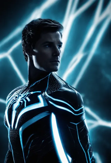 Tron Combined with Spiderman, tron legacy, battle pose, crystal clear image, intricate details, close up, battle scars, black and blue themed, simulation world, glowing web