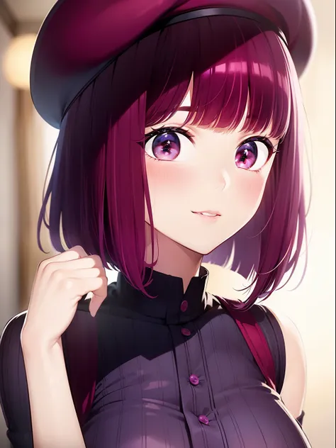 1 girl, graduation bob, straight short hair,  medium violet redhead, medium violet red eyes, big drooping eyes, small beret, sel...