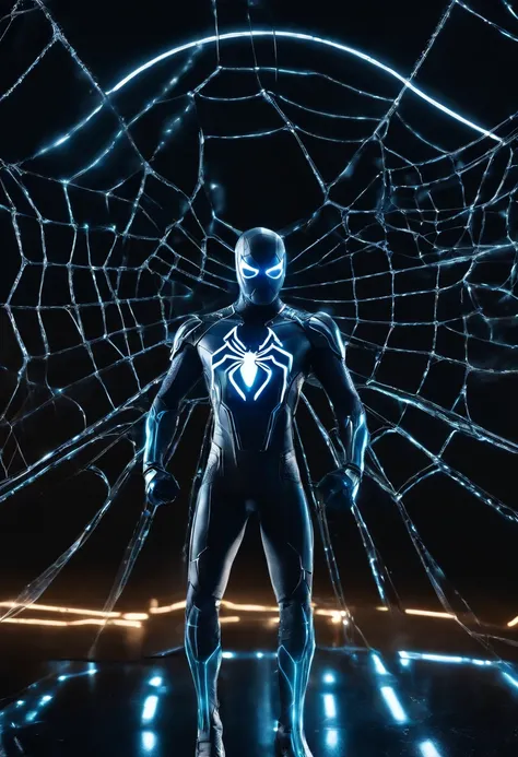 Tron Combined with Spiderman, tron legacy, battle pose, crystal clear image, intricate details, close up, battle scars, black and blue themed, simulation world, glowing web