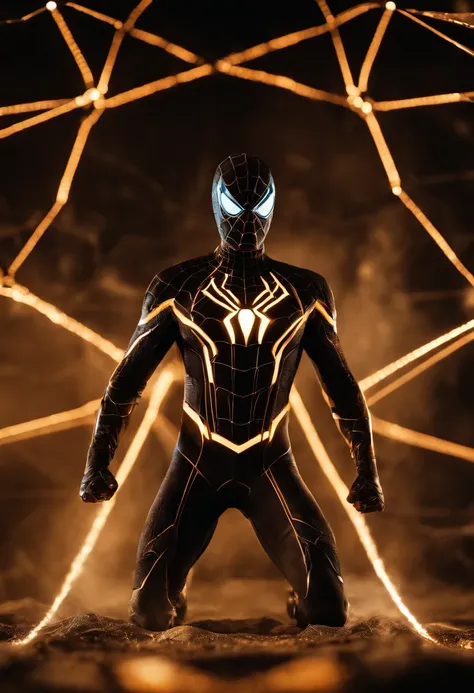 Tron Combined with Spiderman, tron legacy, battle pose, crystal clear image, intricate details, close up, battle scars, black and amber themed, simulation world, glowing web